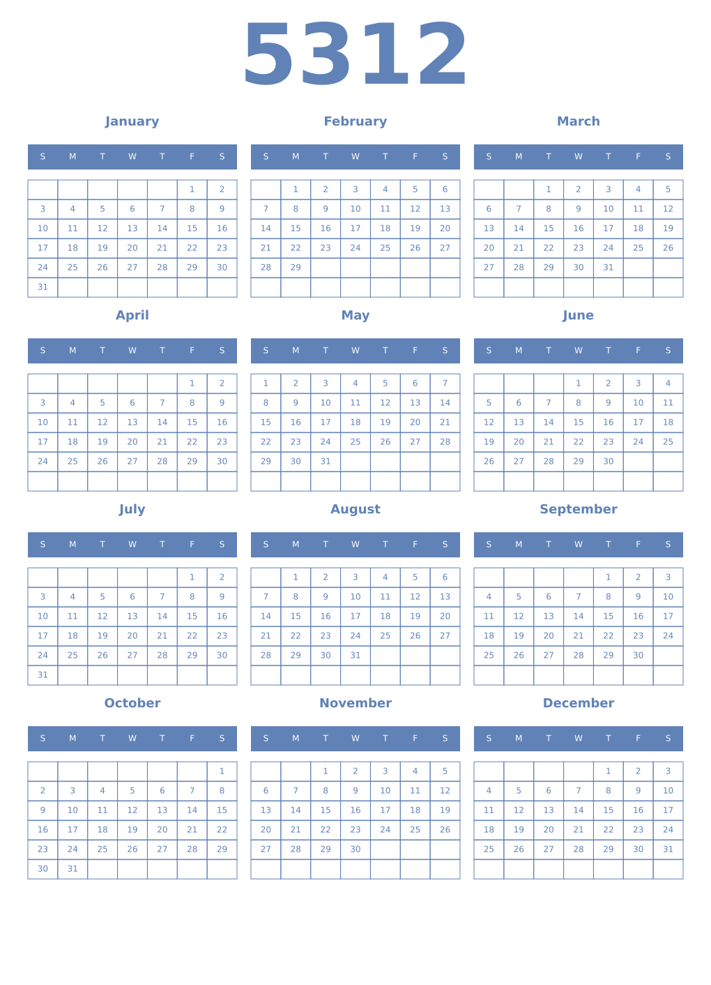 Printable 5312 Year Calendars glaucous