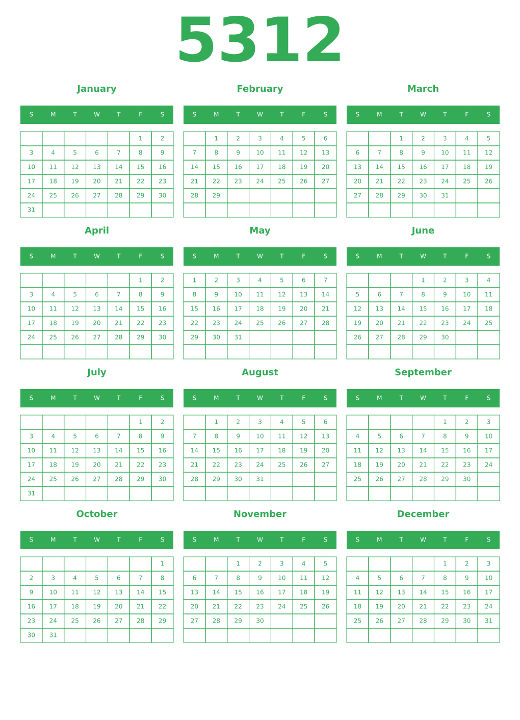 Printable 5312 Year Calendars green