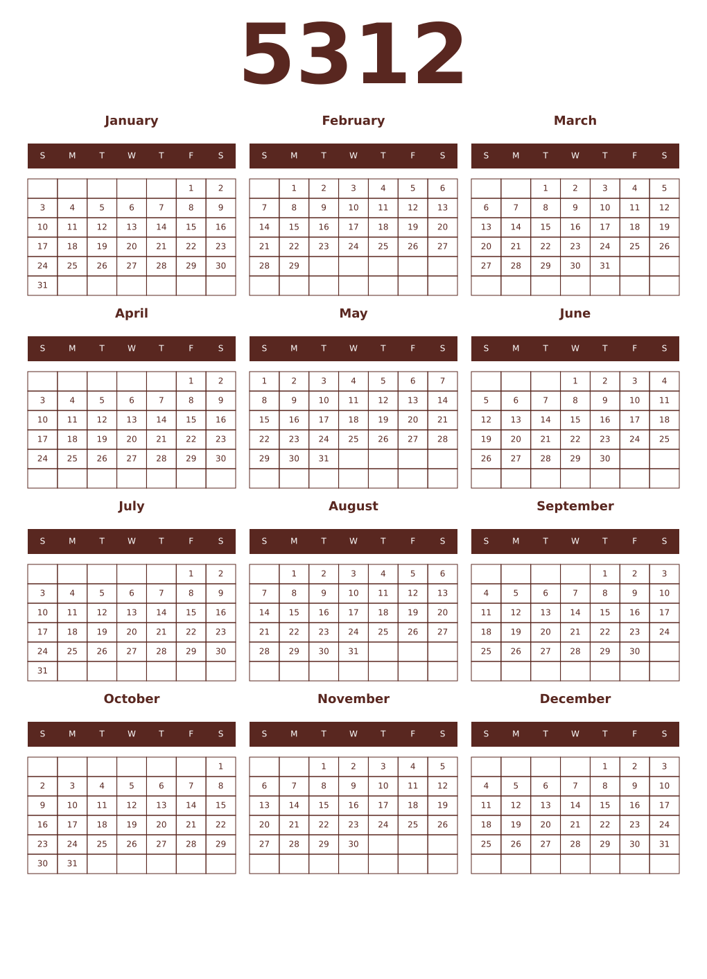 Printable 5312 Year Calendars mortuum