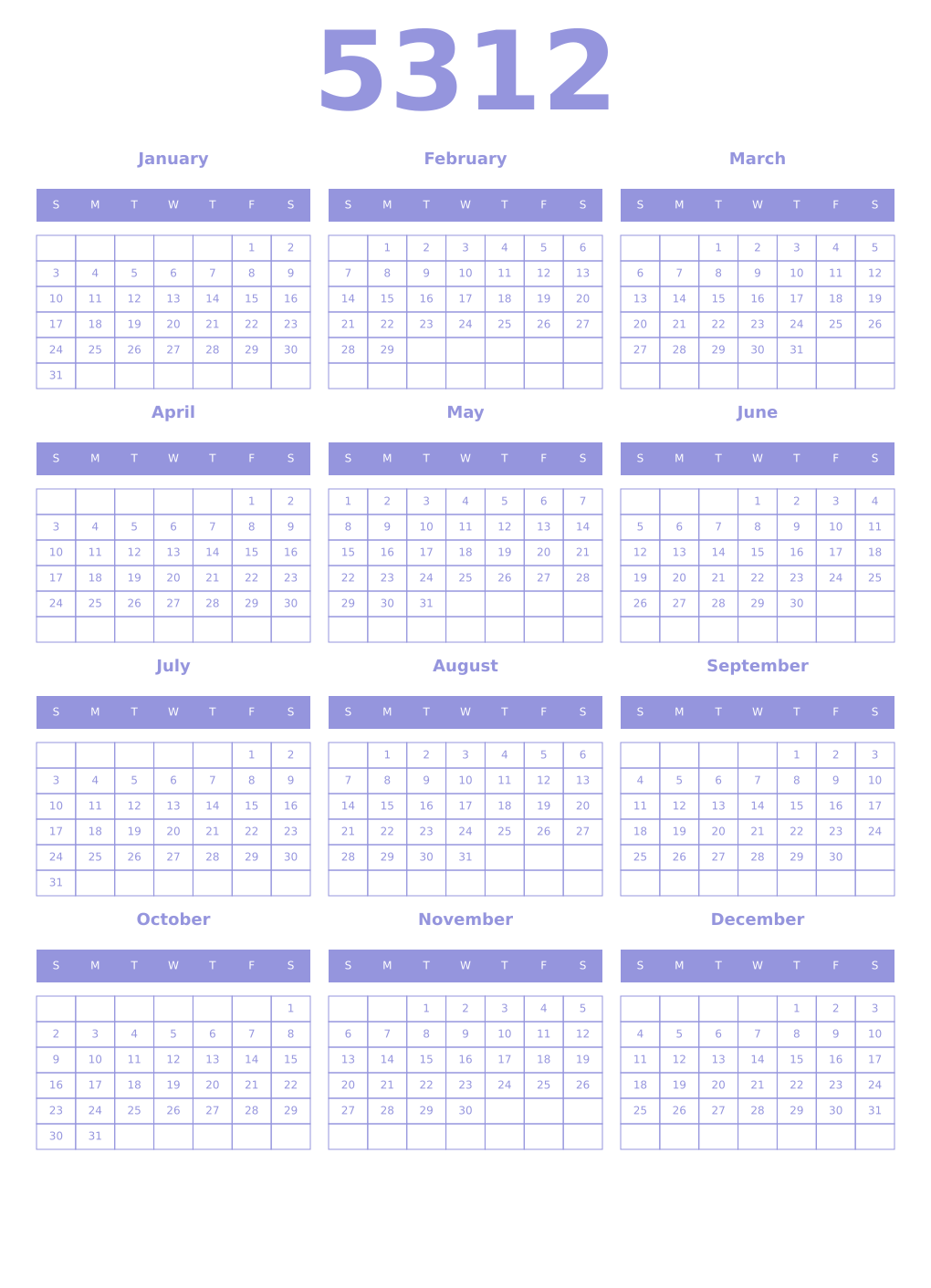 Printable 5312 Year Calendars periwinkle
