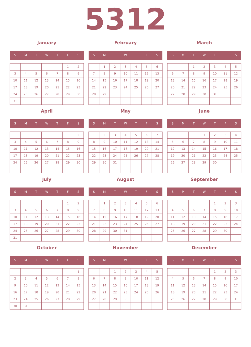 Printable 5312 Year Calendars puce