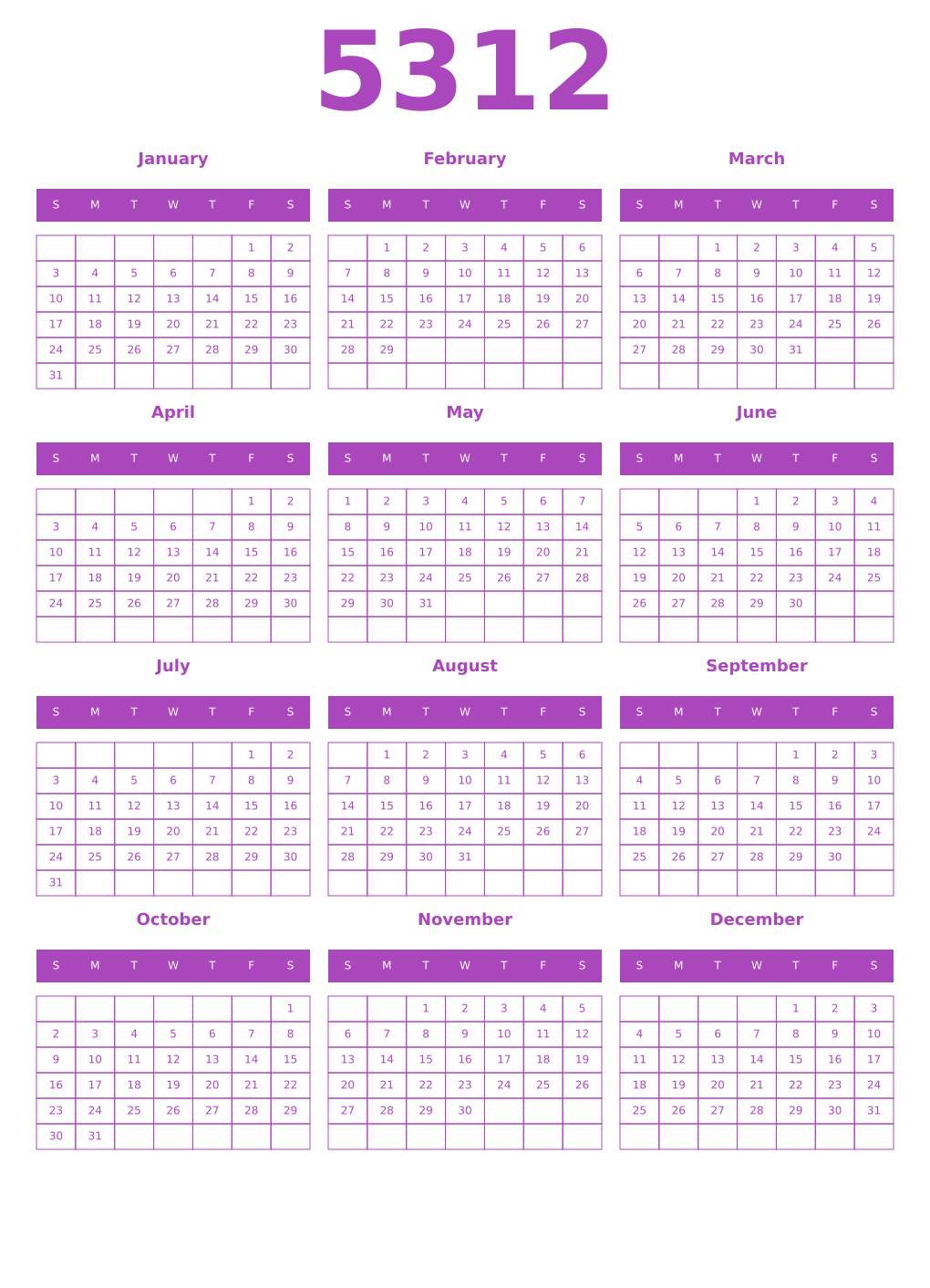 Printable 5312 Year Calendars purple