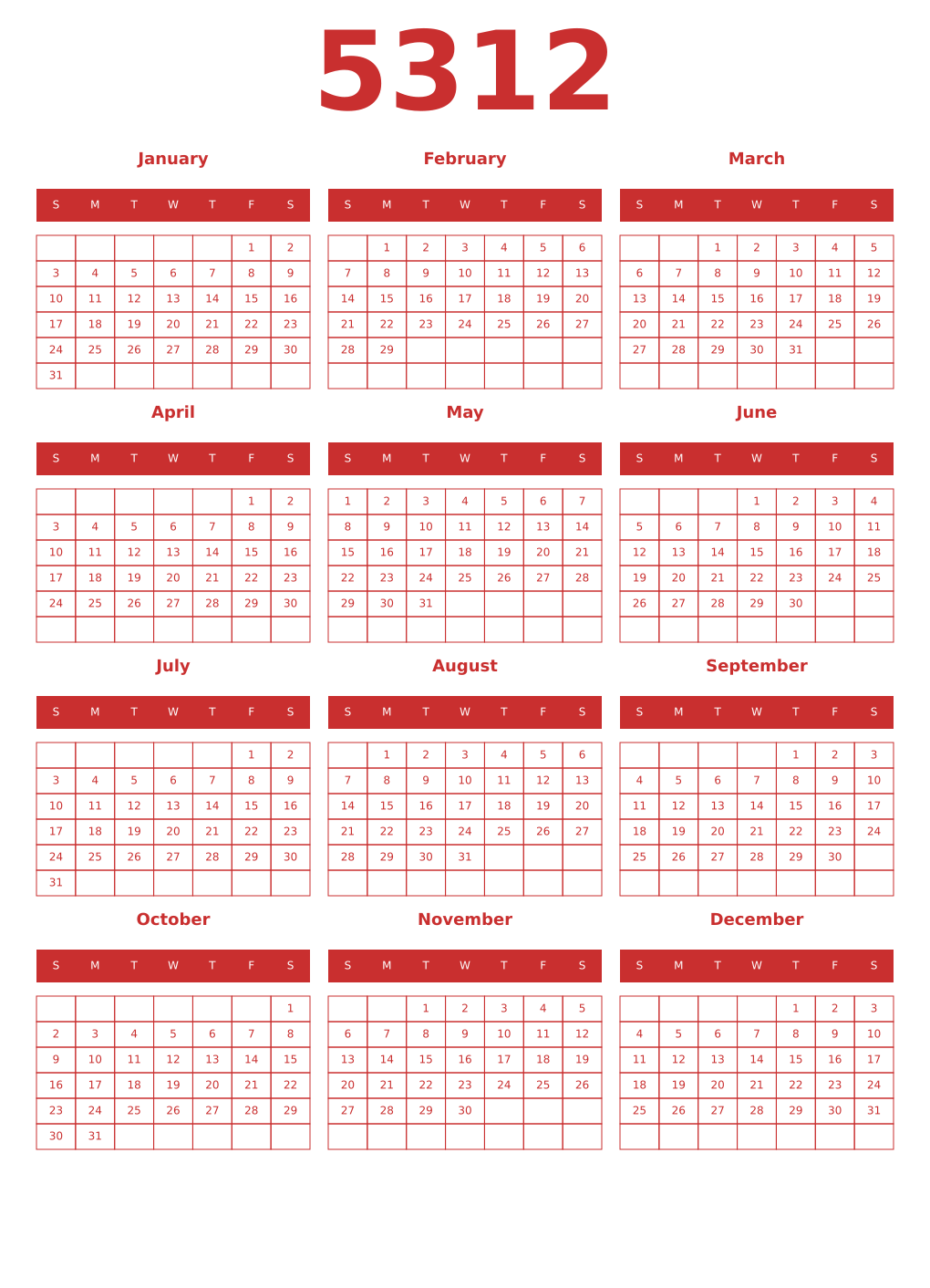 Printable 5312 Year Calendars red