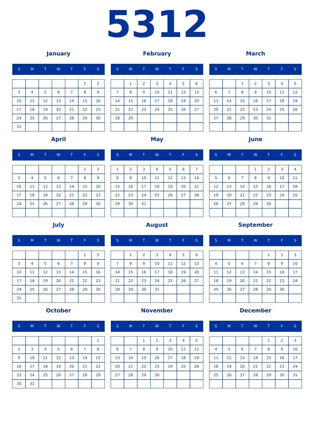 Printable 5312 Year Calendars smalt