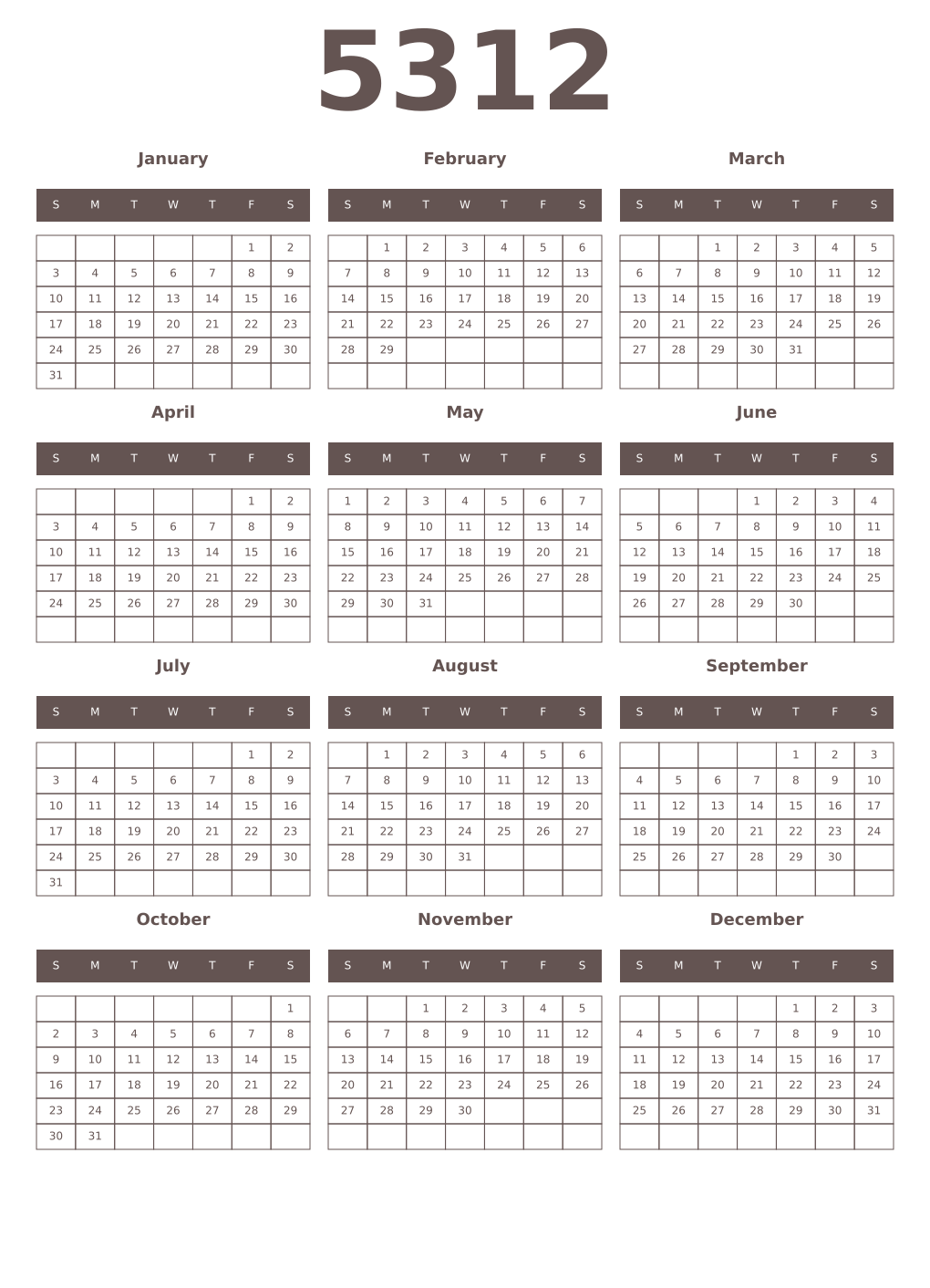 Printable 5312 Year Calendars wenge