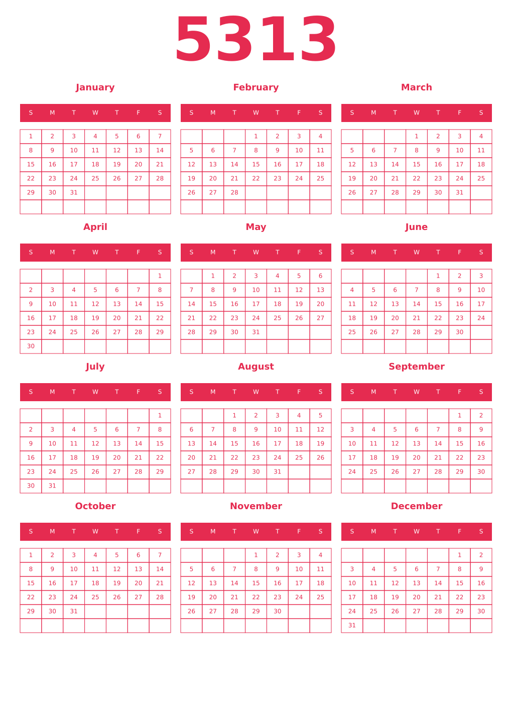 Printable 5313 Year Calendars amaranth