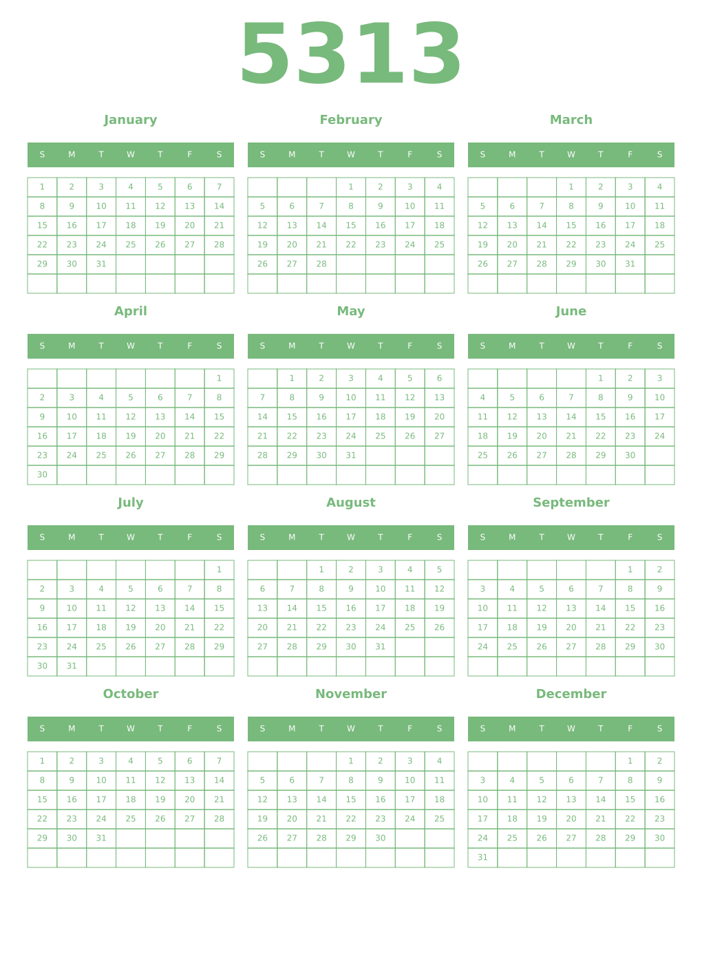 Printable 5313 Year Calendars celadon