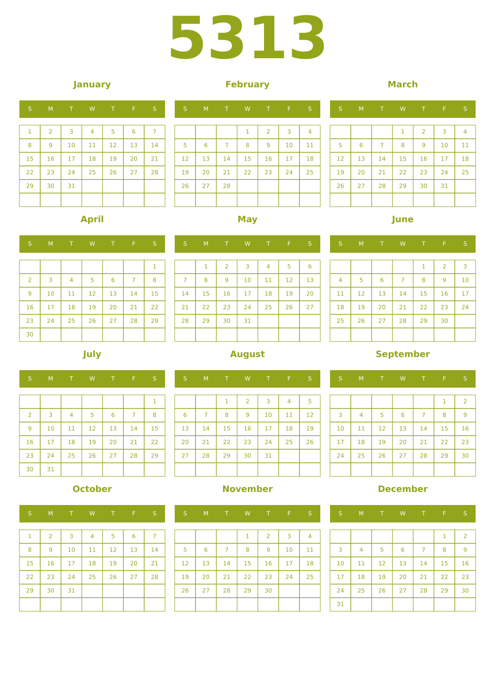 Printable 5313 Year Calendars chartreuse