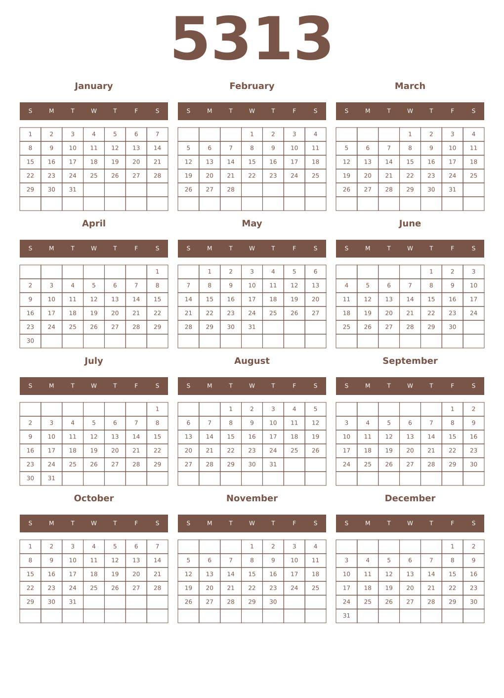 Printable 5313 Year Calendars coffe