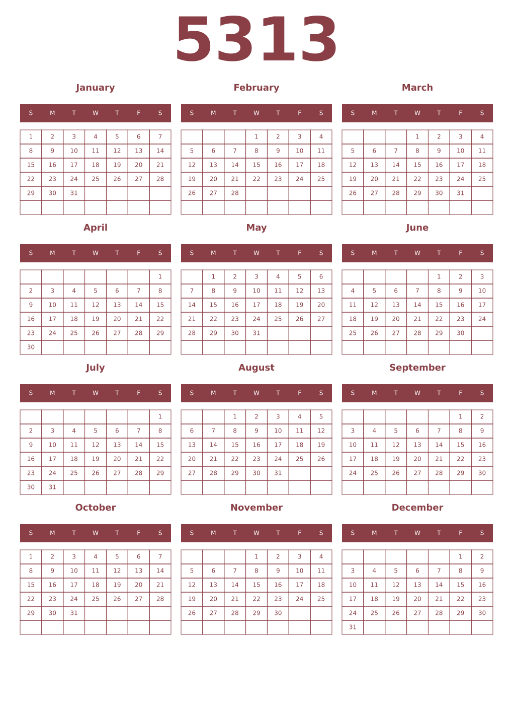 Printable 5313 Year Calendars cordovan