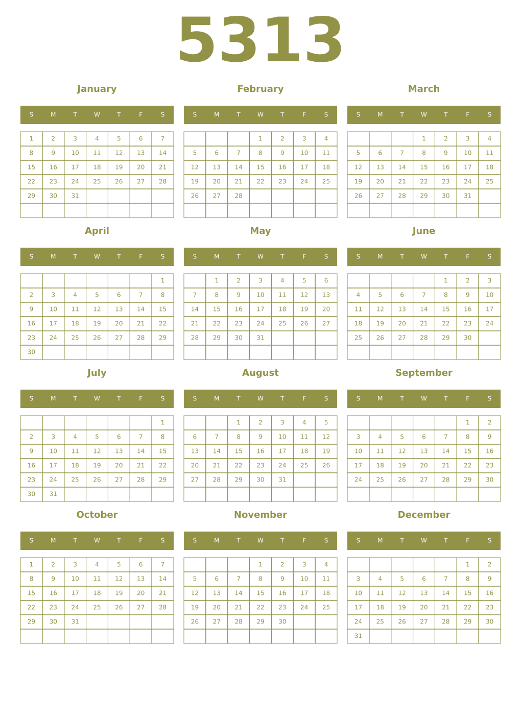 Printable 5313 Year Calendars eburnean