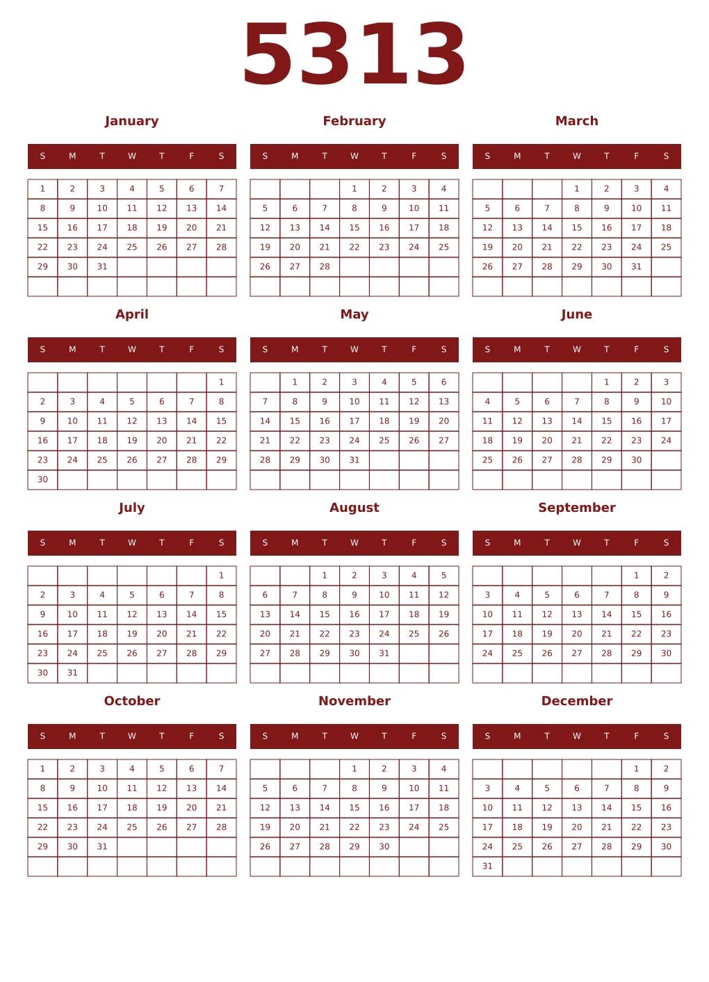 Printable 5313 Year Calendars falu