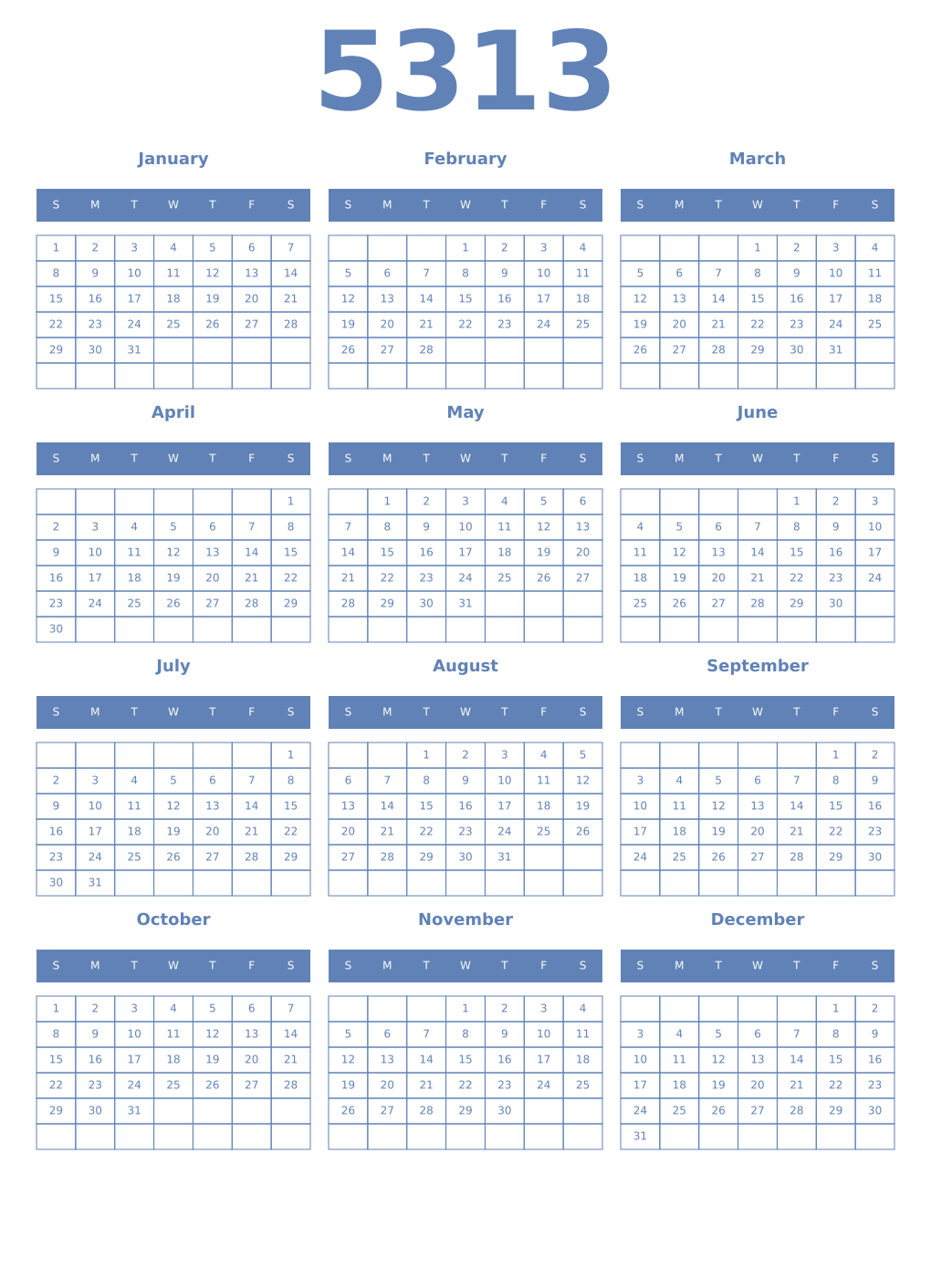 Printable 5313 Year Calendars glaucous