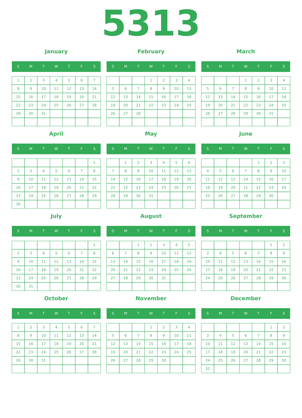 Printable 5313 Year Calendars green