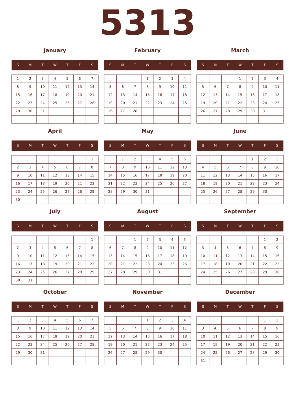 Printable 5313 Year Calendars mortuum