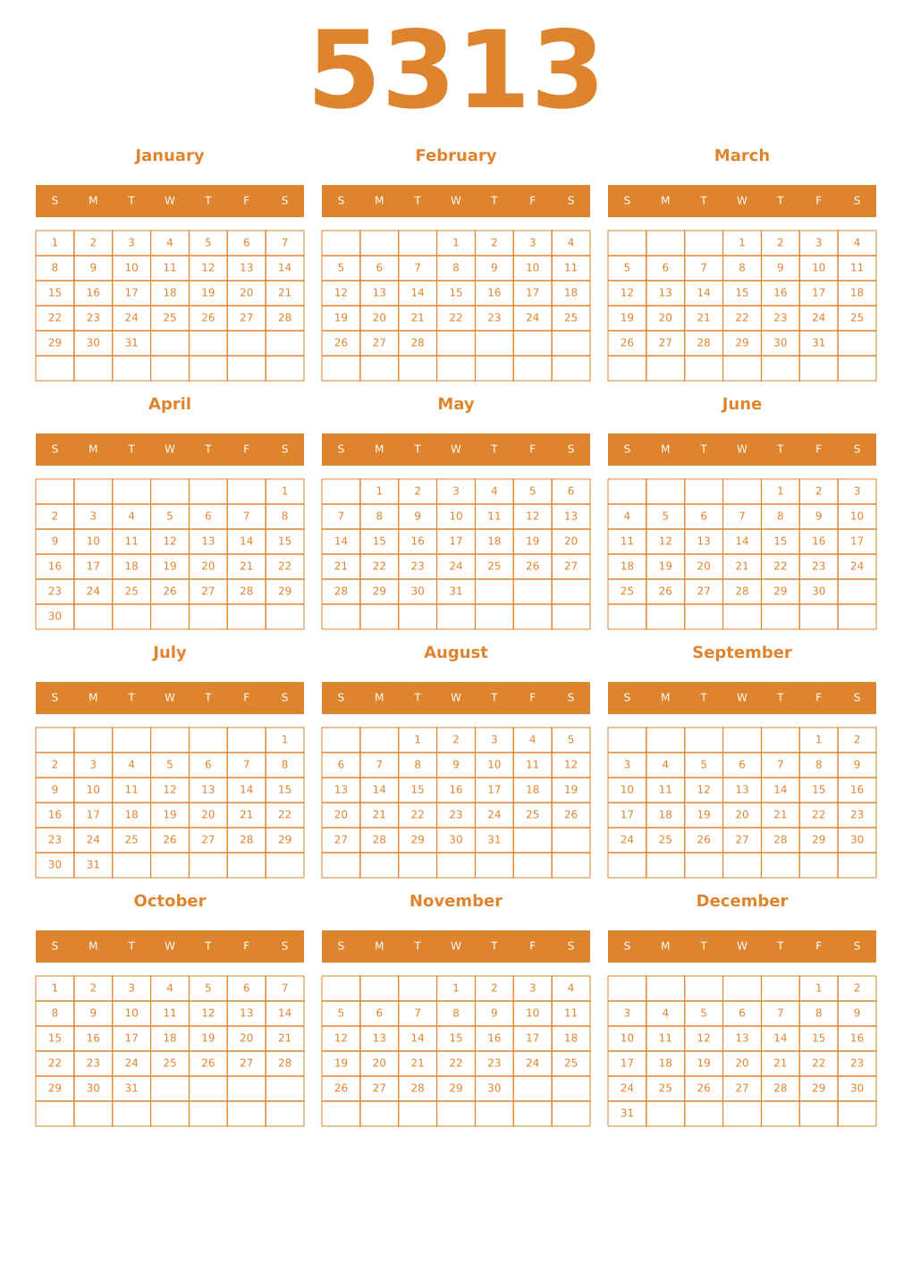 Printable 5313 Year Calendars orange