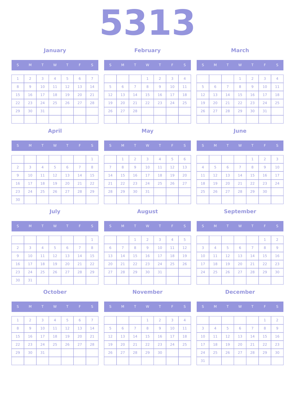 Printable 5313 Year Calendars periwinkle