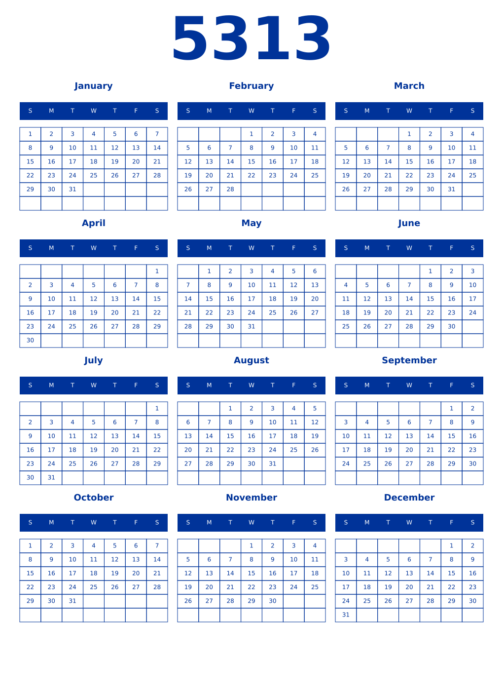 Printable 5313 Year Calendars smalt