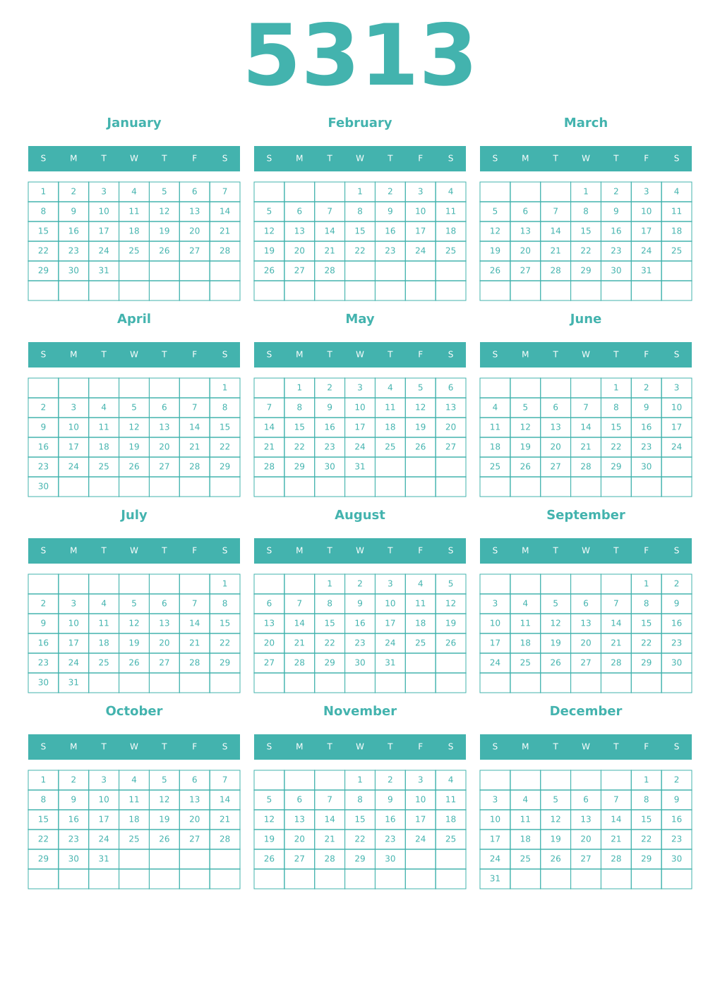 Printable 5313 Year Calendars verdigris
