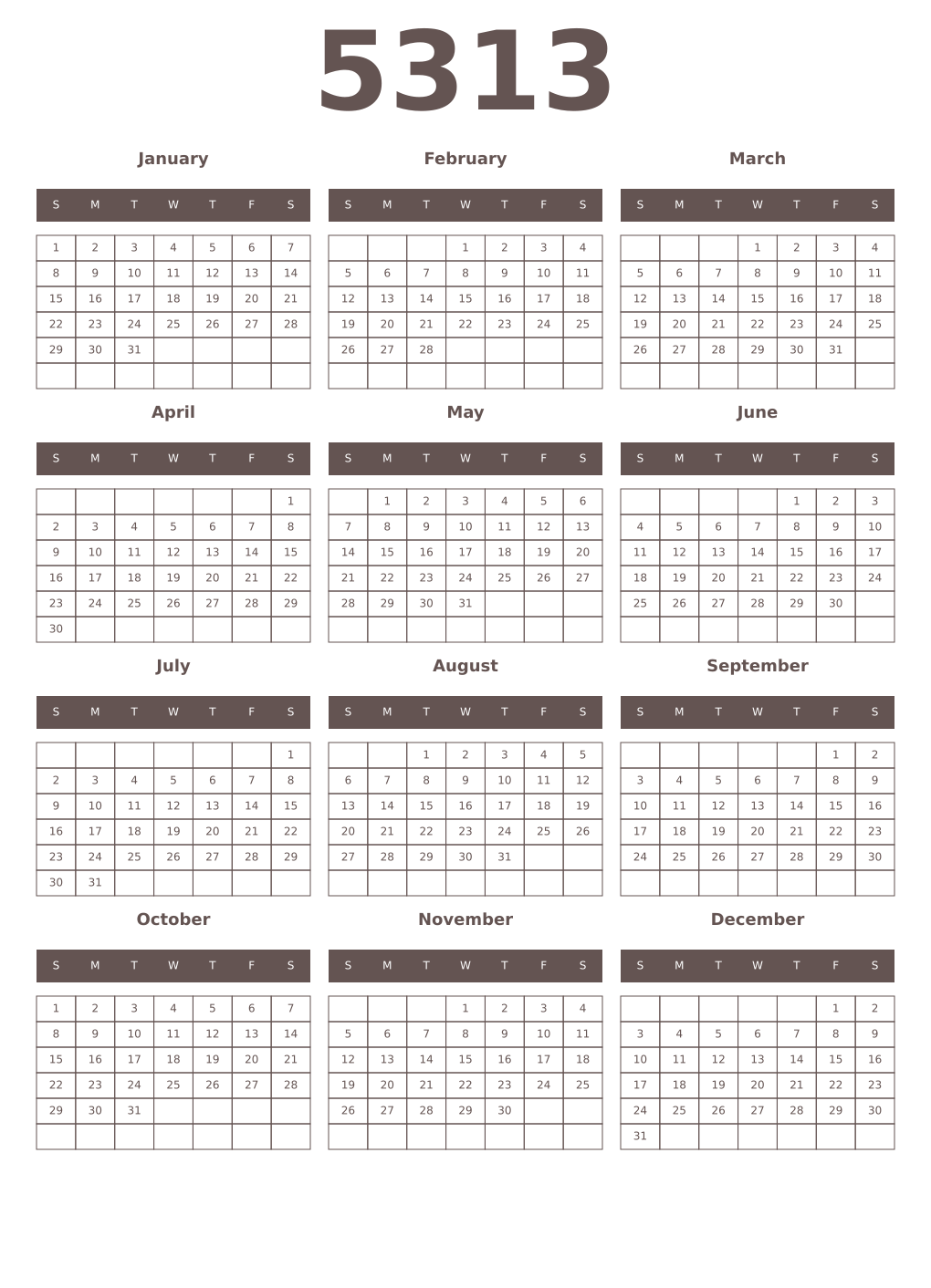 Printable 5313 Year Calendars wenge