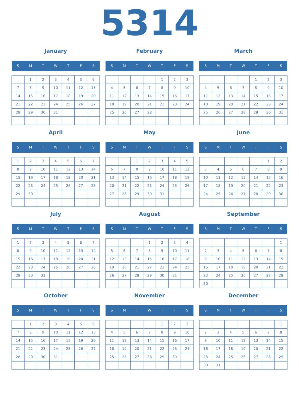 Printable 5314 Year Calendars blue