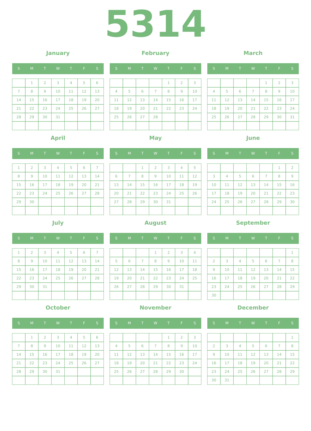 Printable 5314 Year Calendars celadon