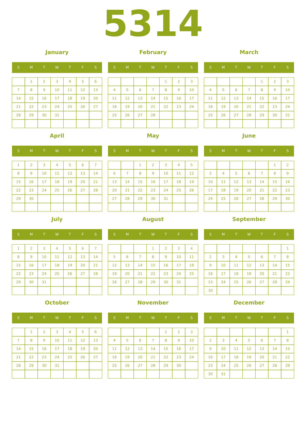 Printable 5314 Year Calendars chartreuse