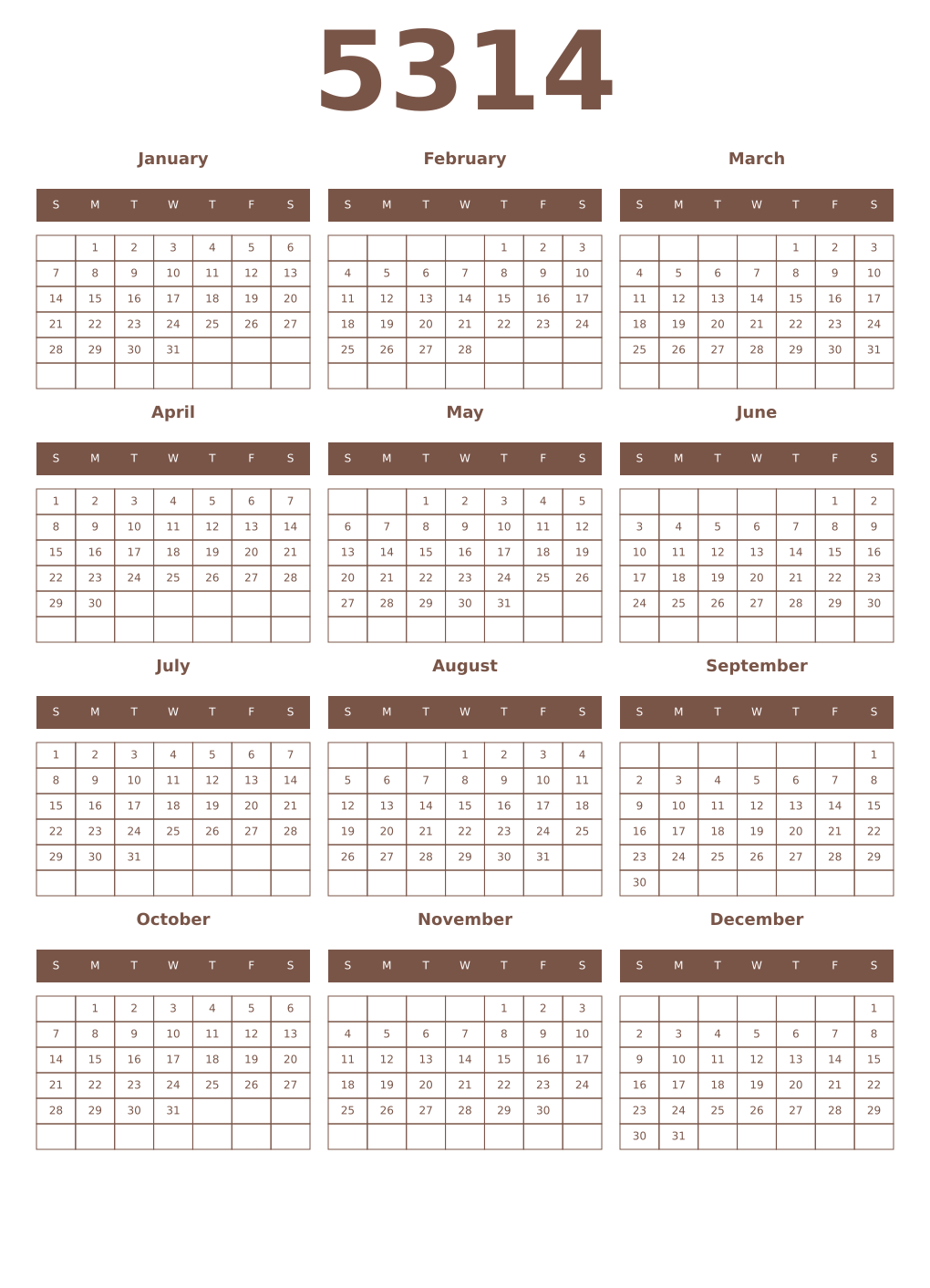 Printable 5314 Year Calendars coffe