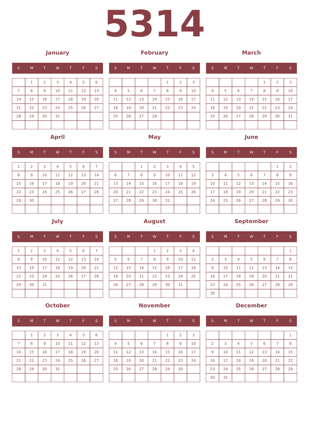 Printable 5314 Year Calendars cordovan