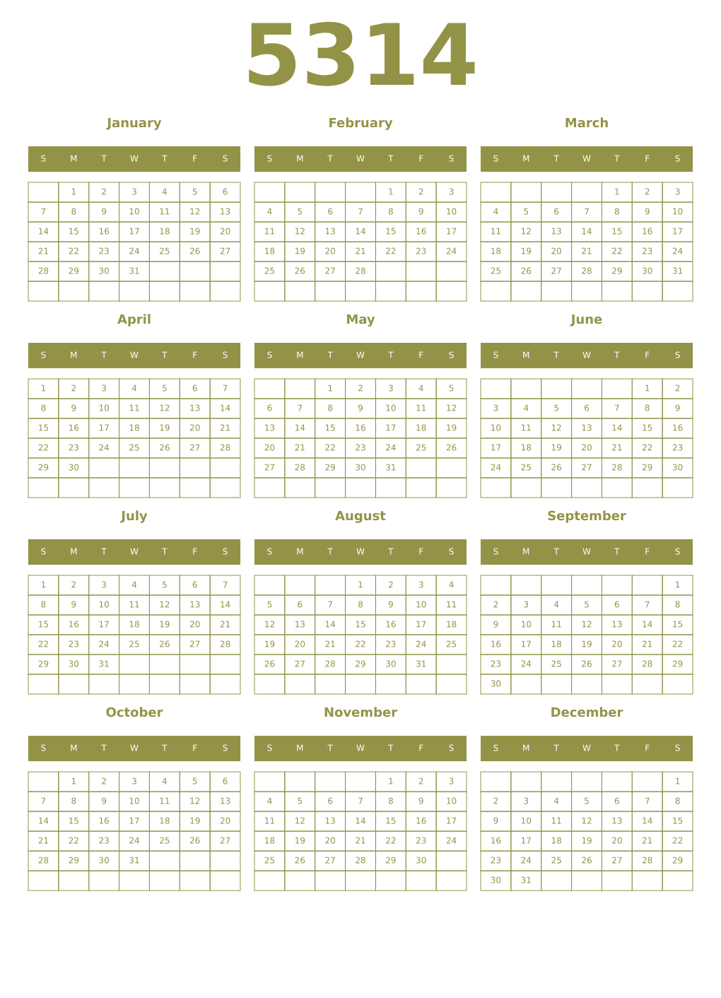 Printable 5314 Year Calendars eburnean