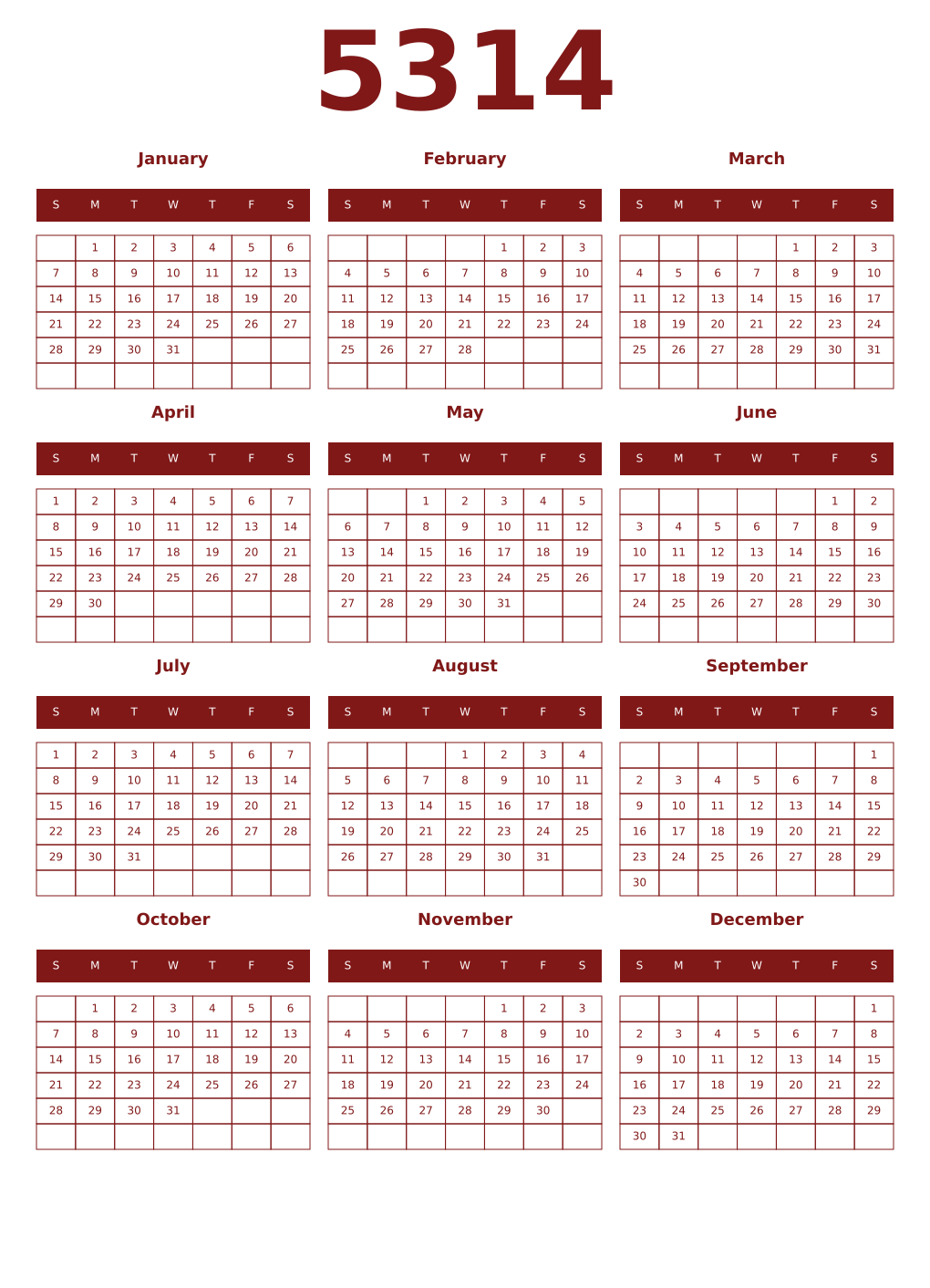 Printable 5314 Year Calendars falu