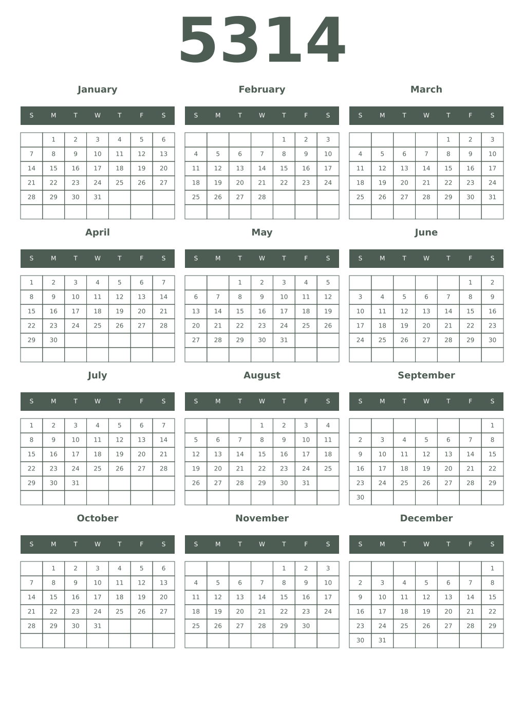 Printable 5314 Year Calendars feldgrau