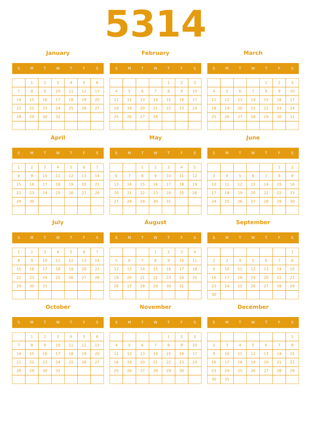 Printable 5314 Year Calendars gamboge