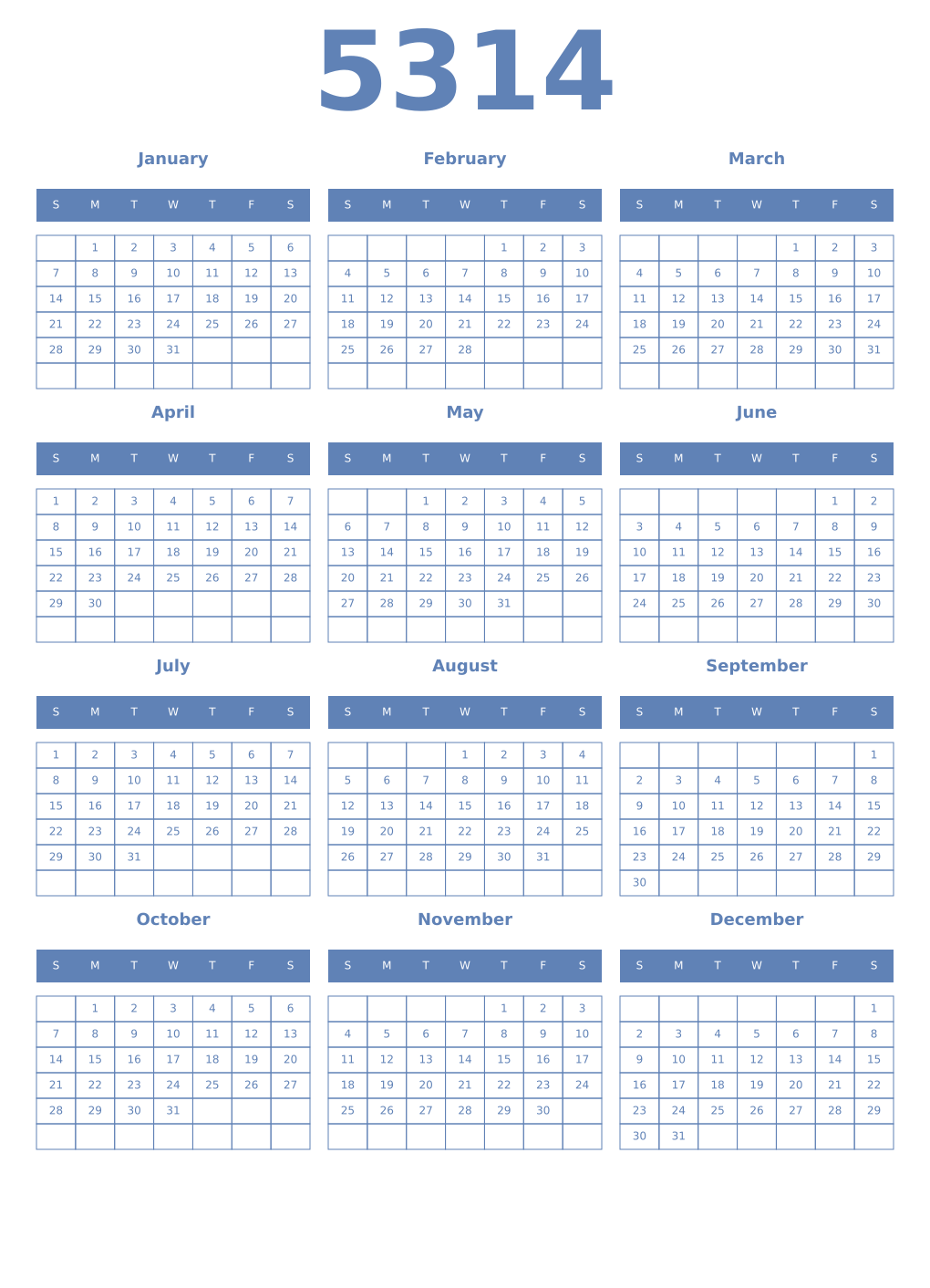 Printable 5314 Year Calendars glaucous