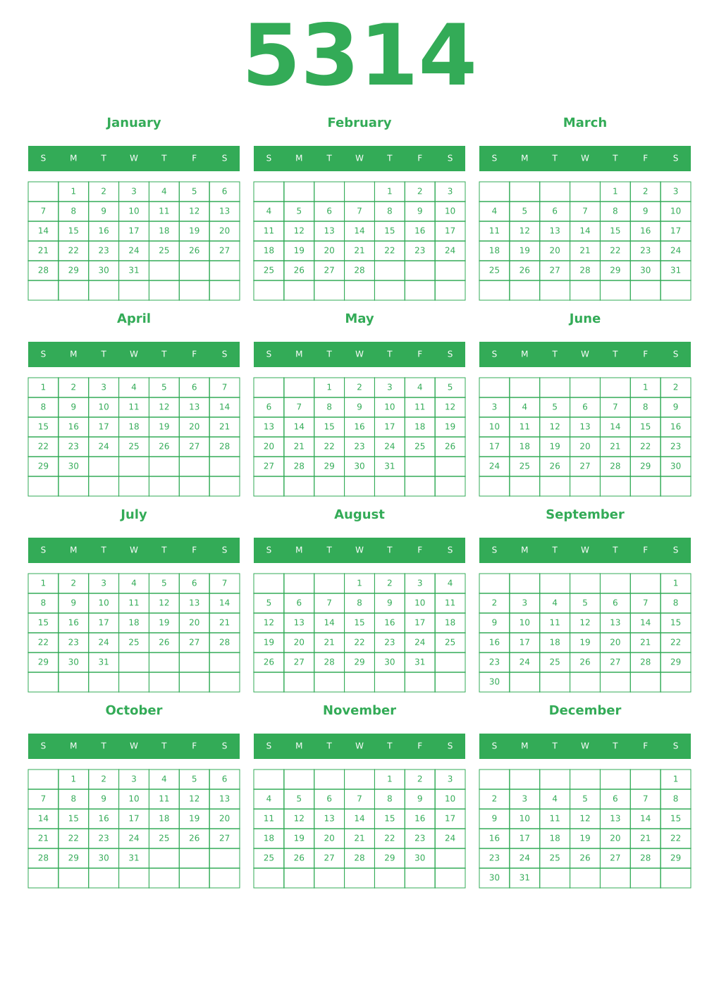 Printable 5314 Year Calendars green