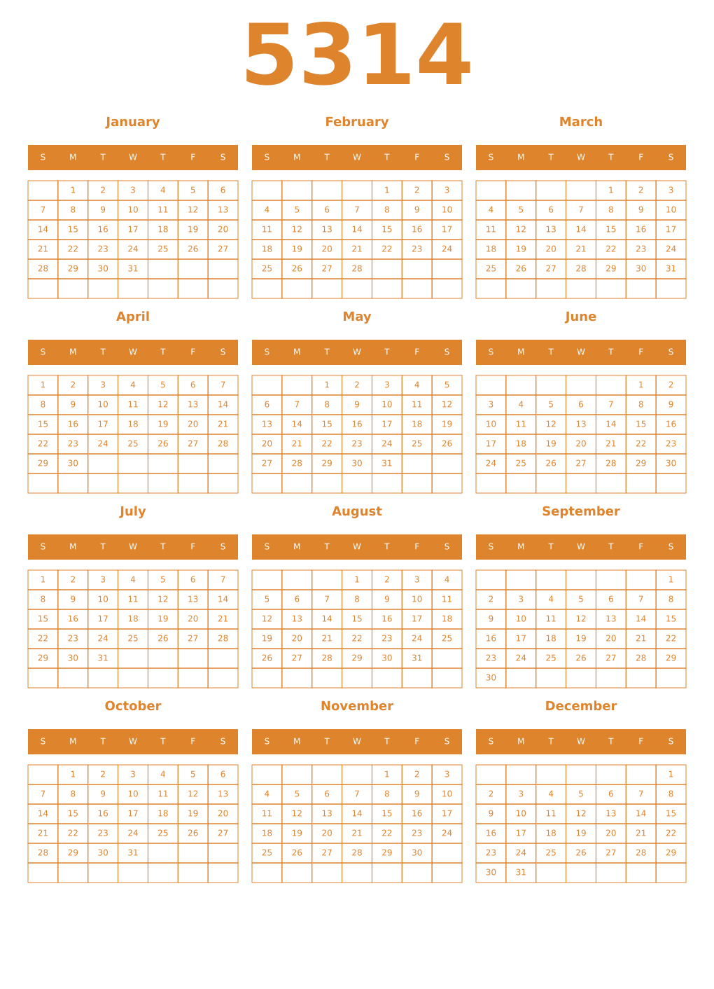 Printable 5314 Year Calendars orange