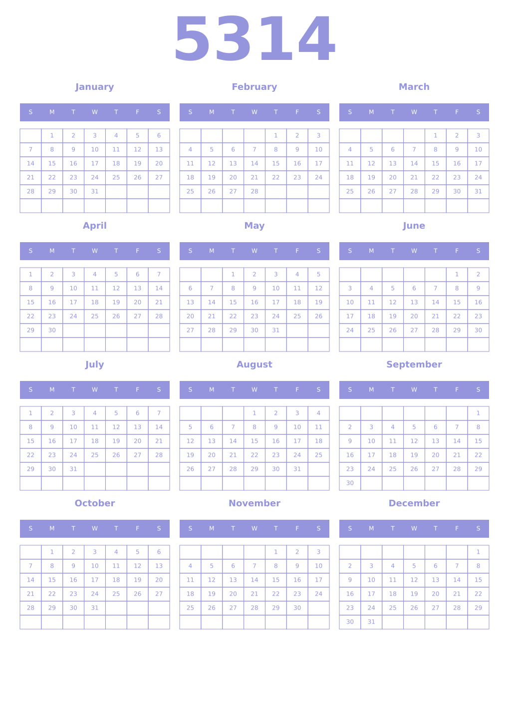 Printable 5314 Year Calendars periwinkle