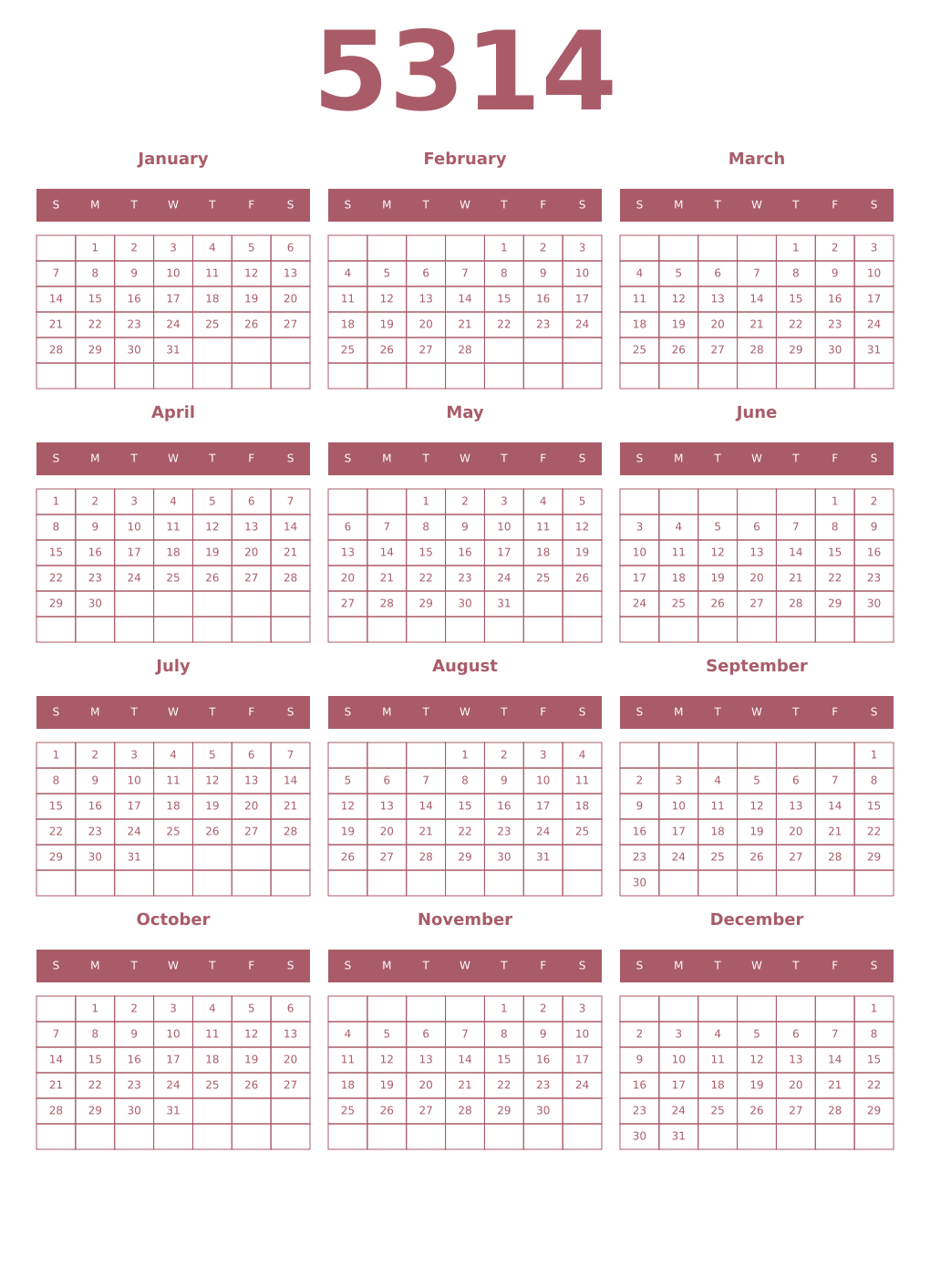 Printable 5314 Year Calendars puce