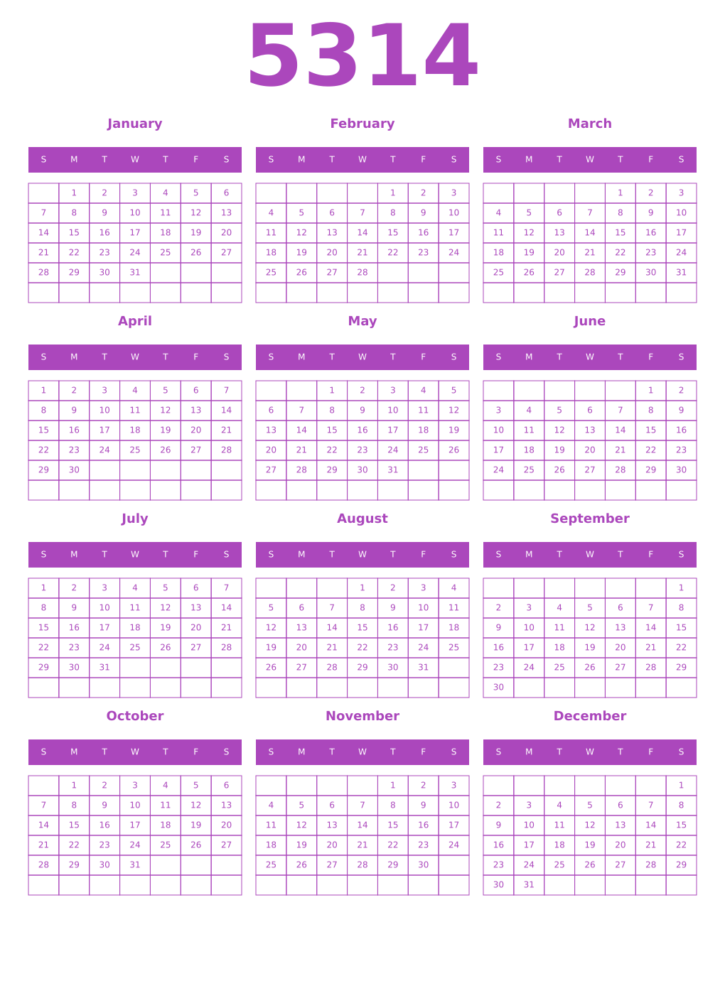 Printable 5314 Year Calendars purple
