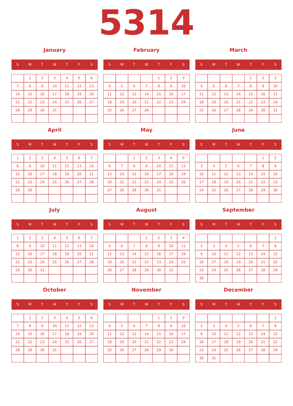 Printable 5314 Year Calendars red