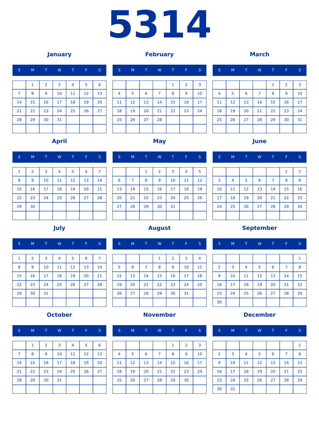 Printable 5314 Year Calendars smalt