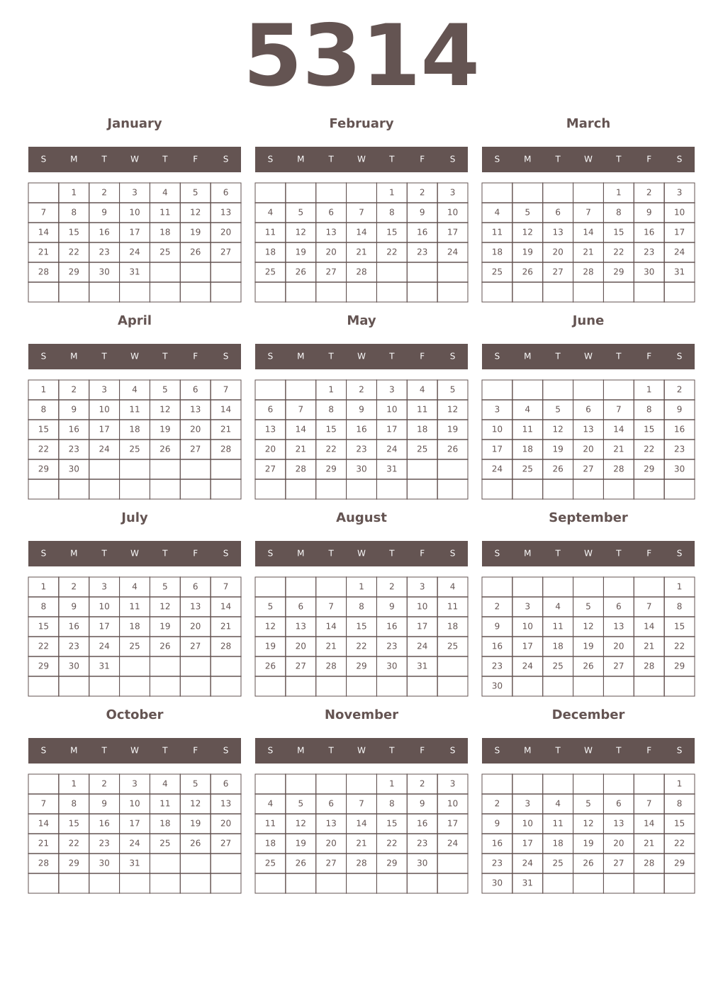 Printable 5314 Year Calendars wenge