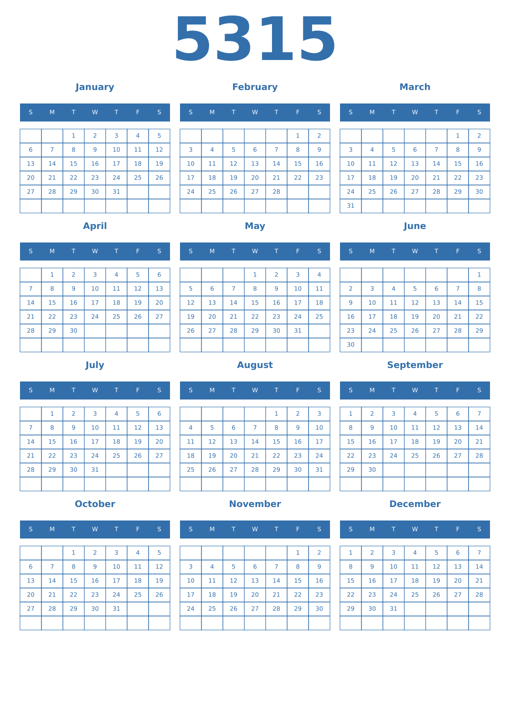 Printable 5315 Year Calendars blue