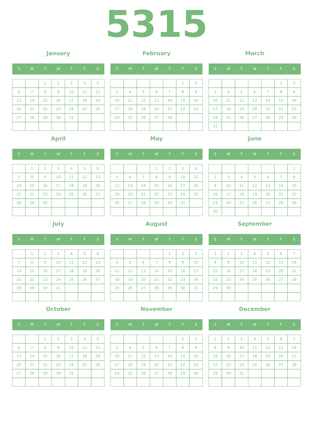 Printable 5315 Year Calendars celadon