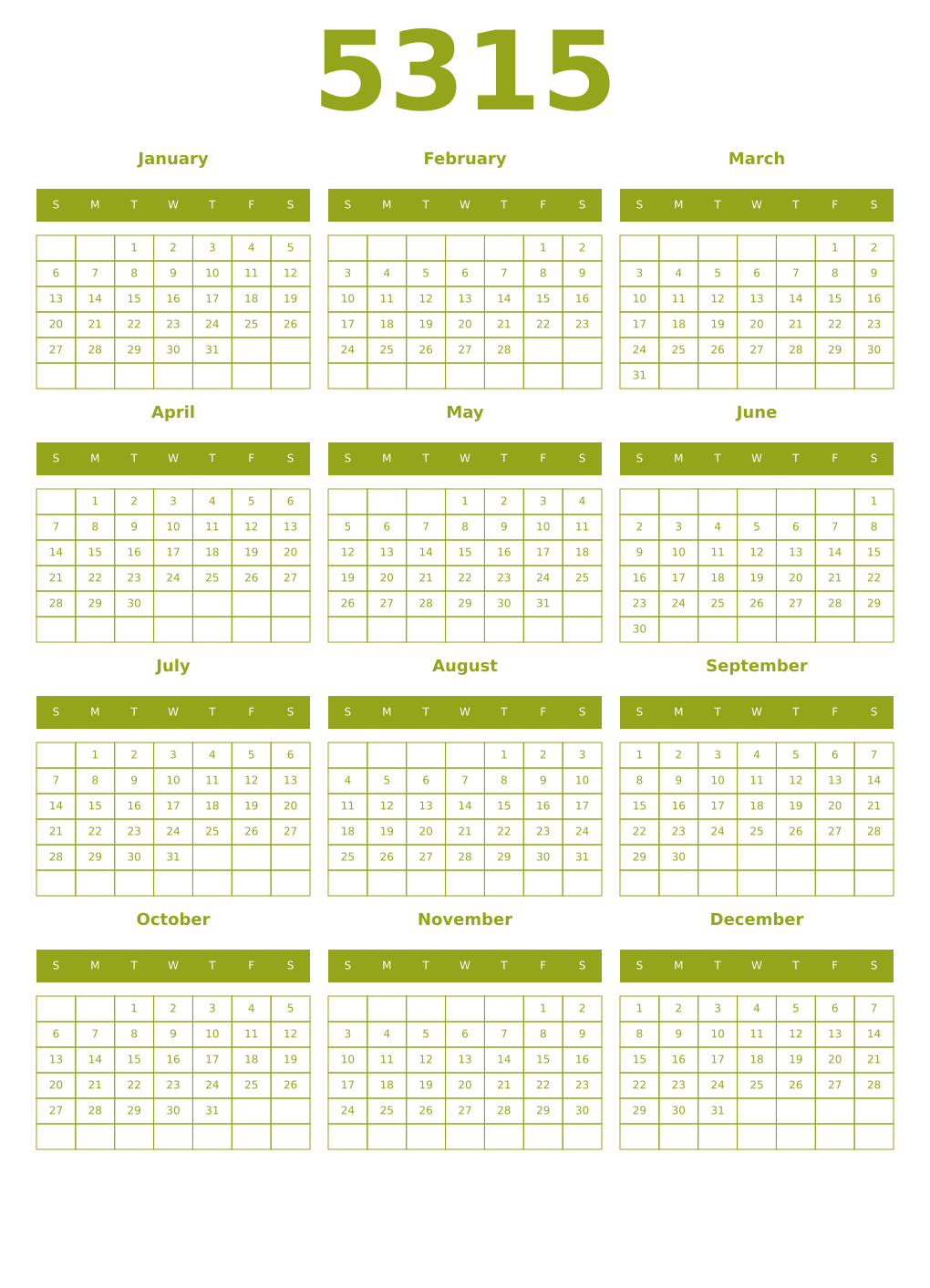 Printable 5315 Year Calendars chartreuse