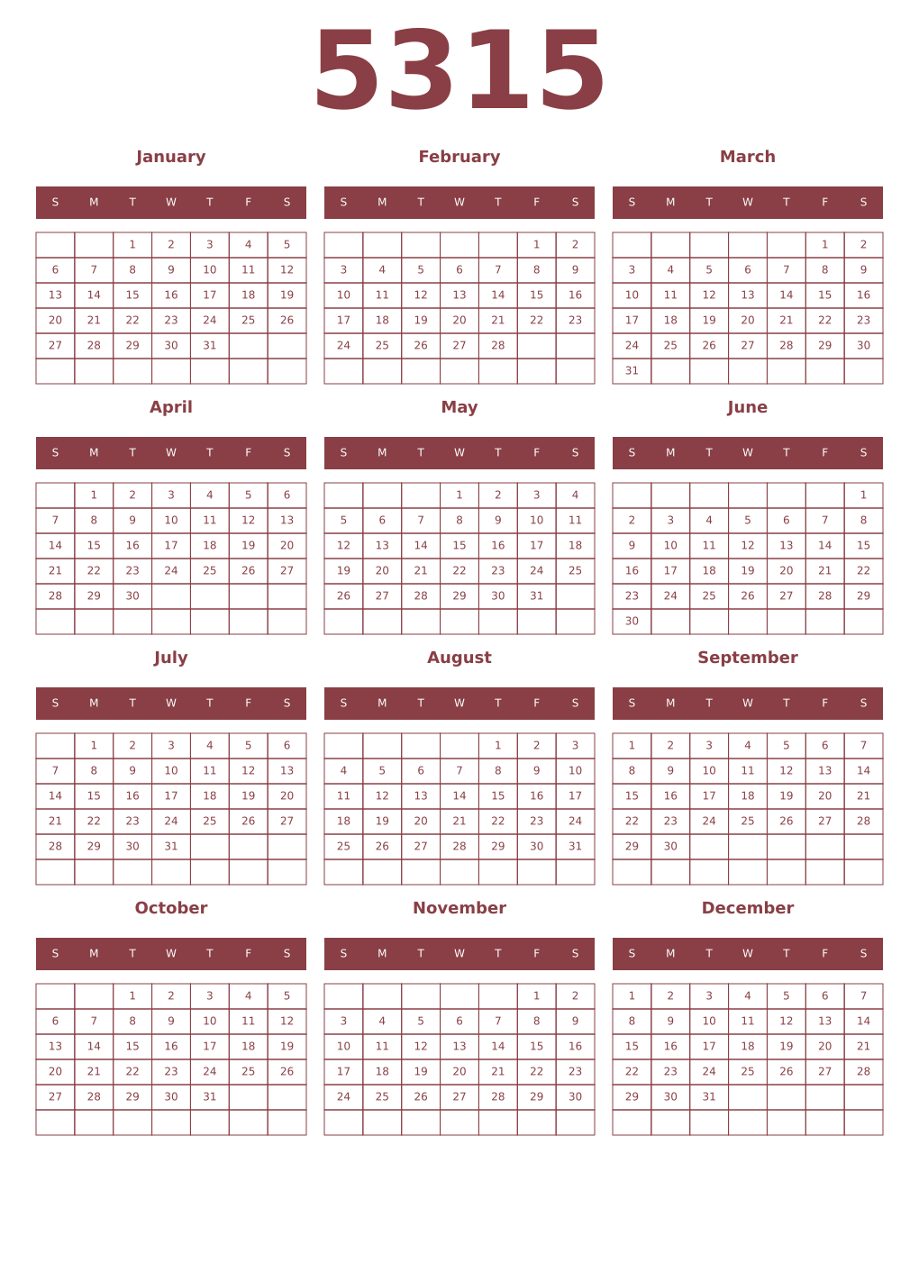 Printable 5315 Year Calendars cordovan