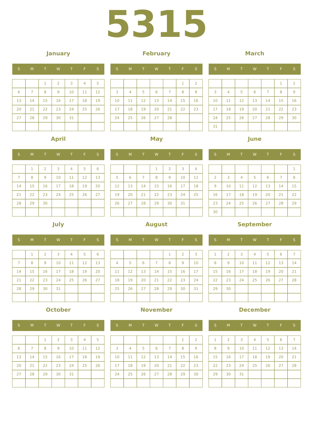 Printable 5315 Year Calendars eburnean