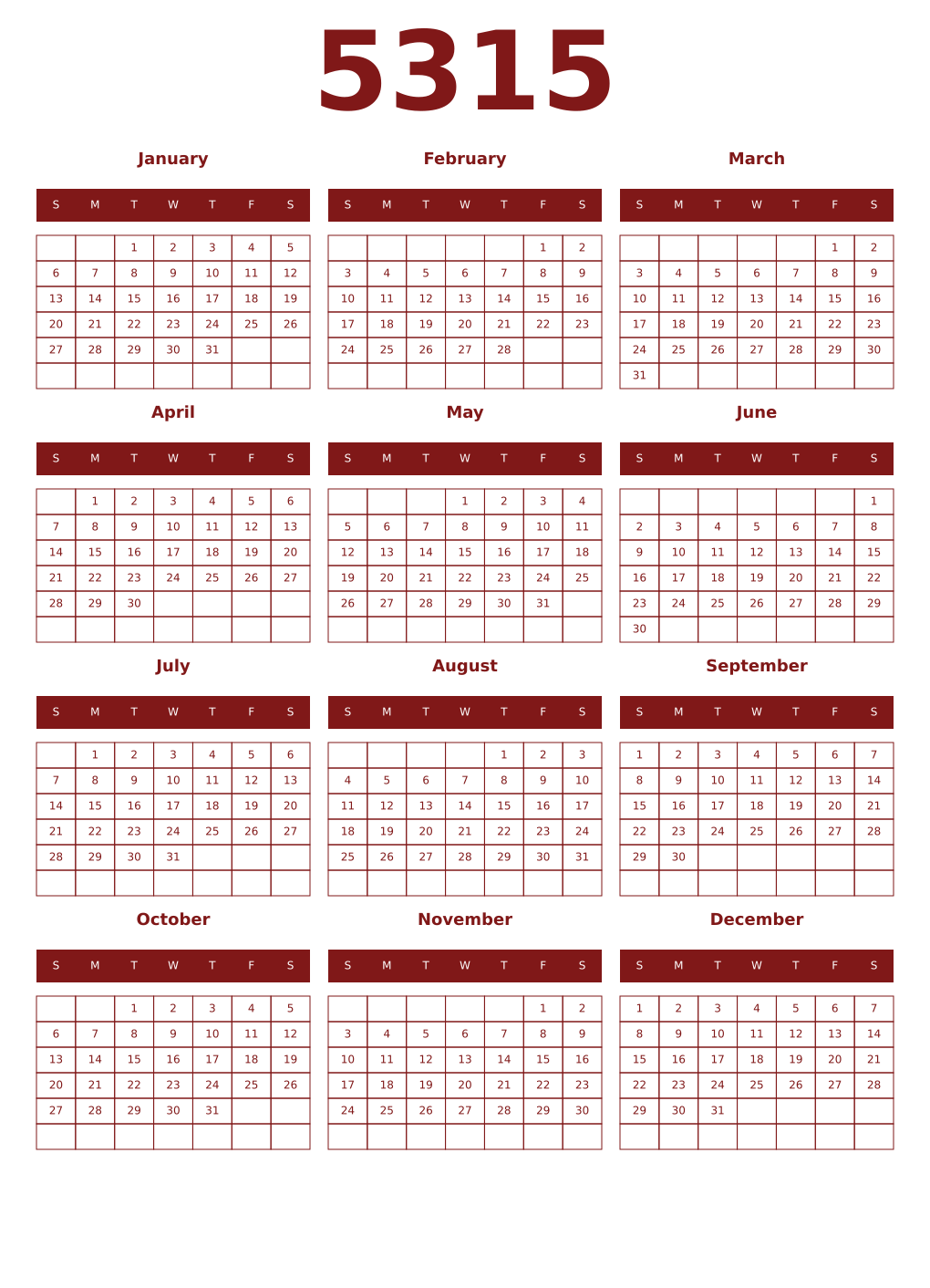 Printable 5315 Year Calendars falu