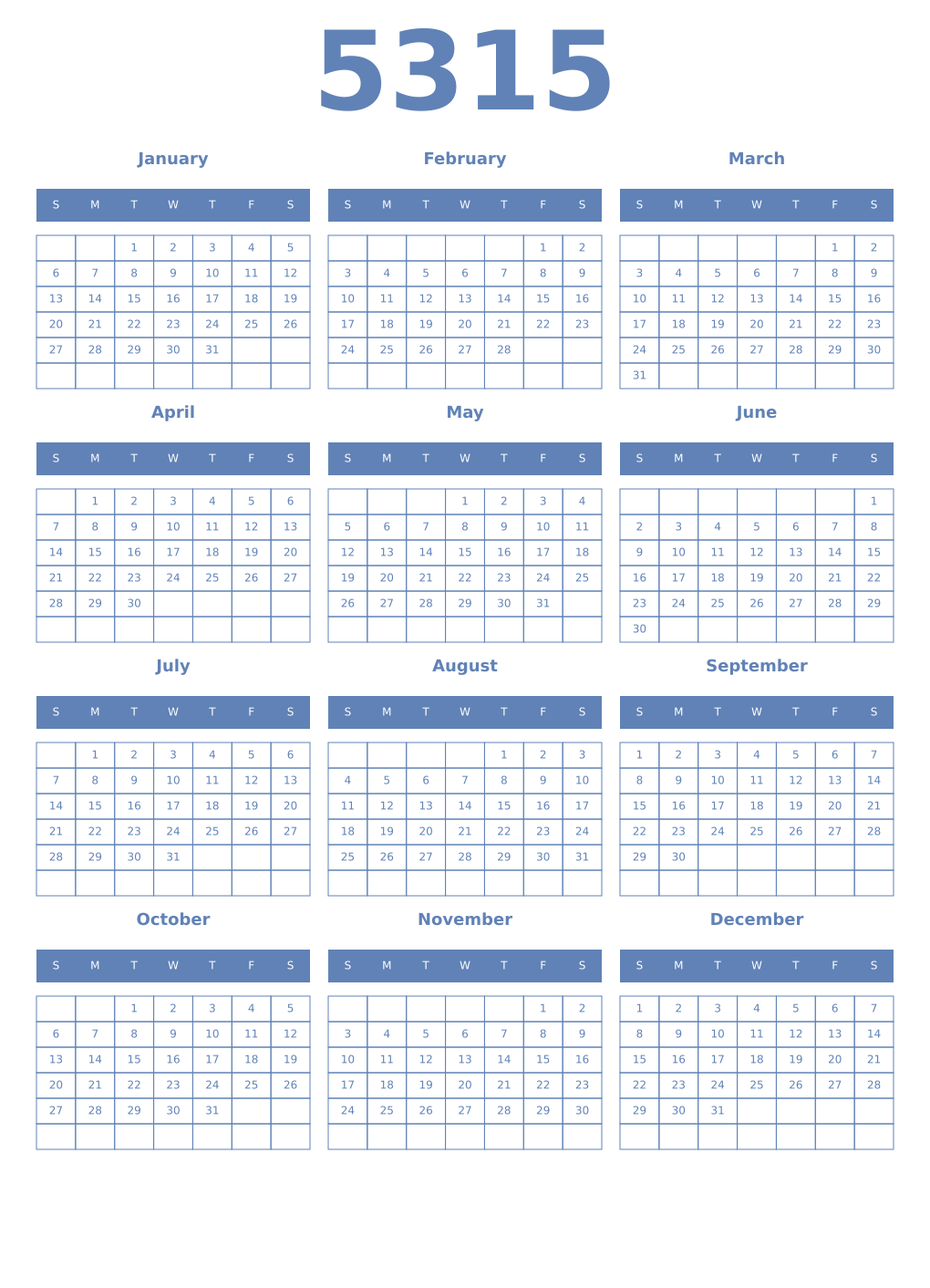 Printable 5315 Year Calendars glaucous