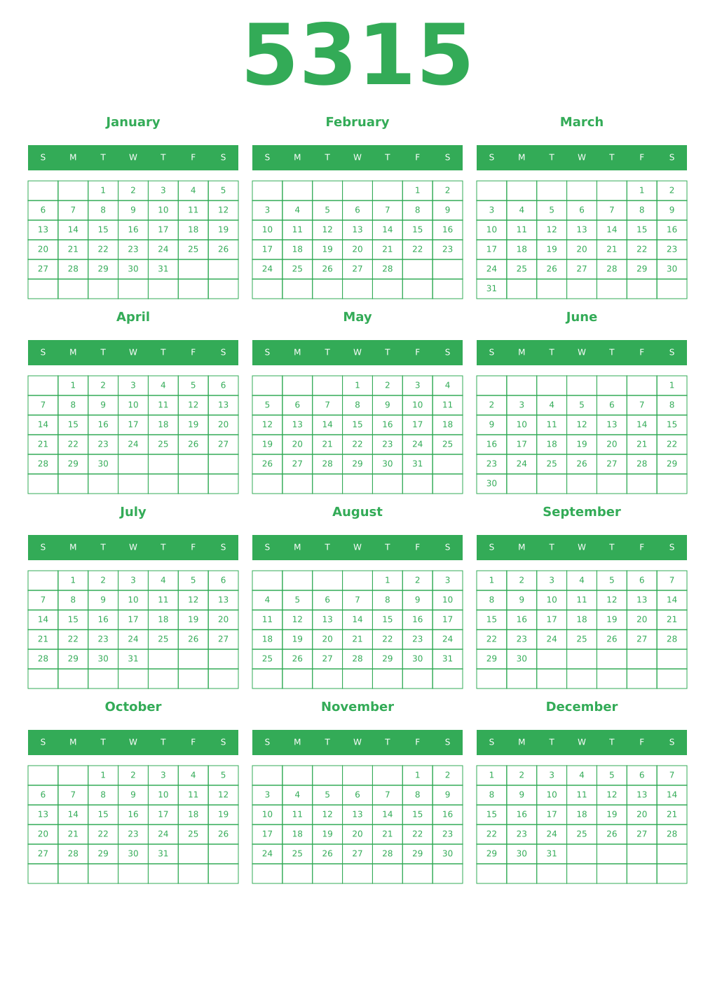 Printable 5315 Year Calendars green